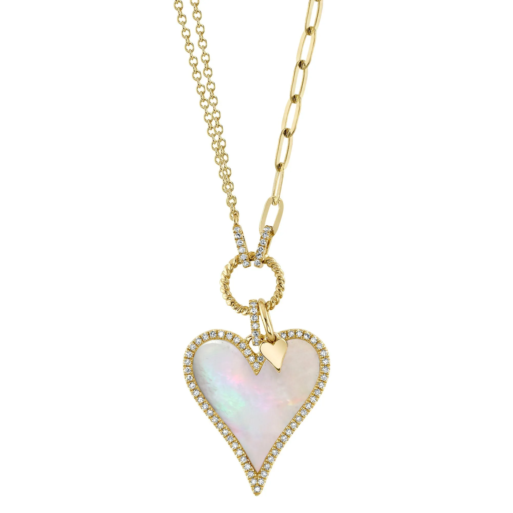 0.20CT DIAMOND & 2.07CT MOTHER OF PEARL HEART PAPER CLIP LINK NECKLACE