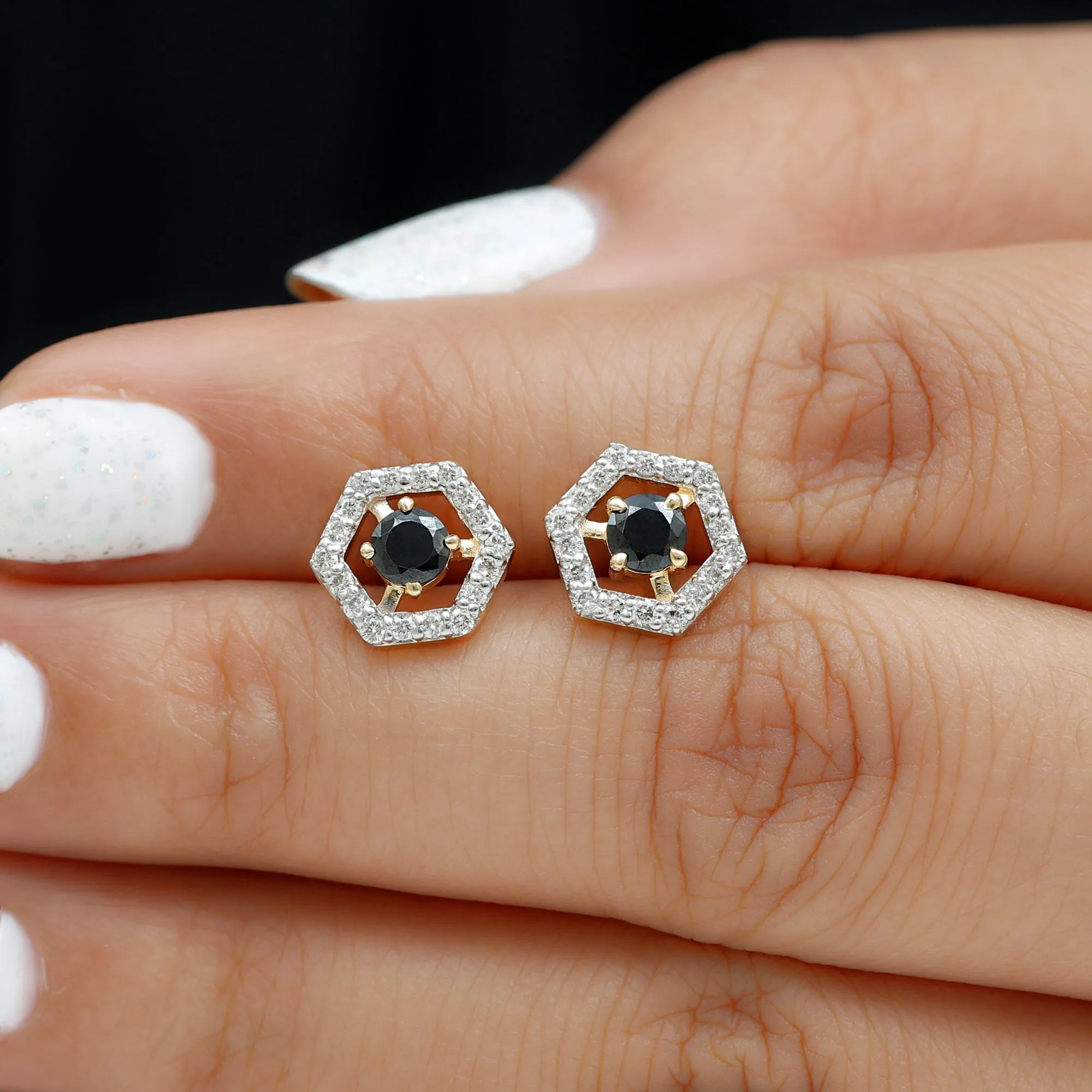 1 CT Minimal Black Onyx and Diamond Geometric Stud Earrings