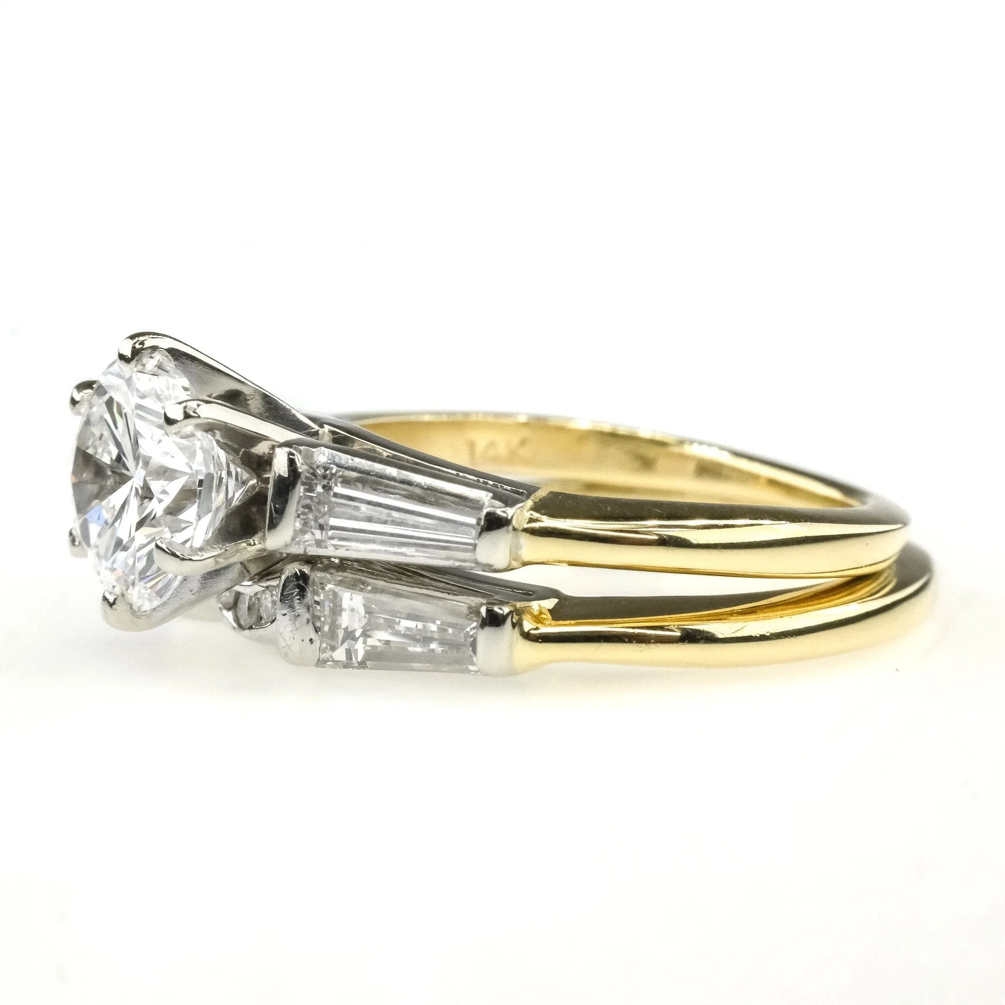 14K Two Tone Gold GIA 1.52ct Round VS2/D & Baguette Accents Bridal Set Size 5.5