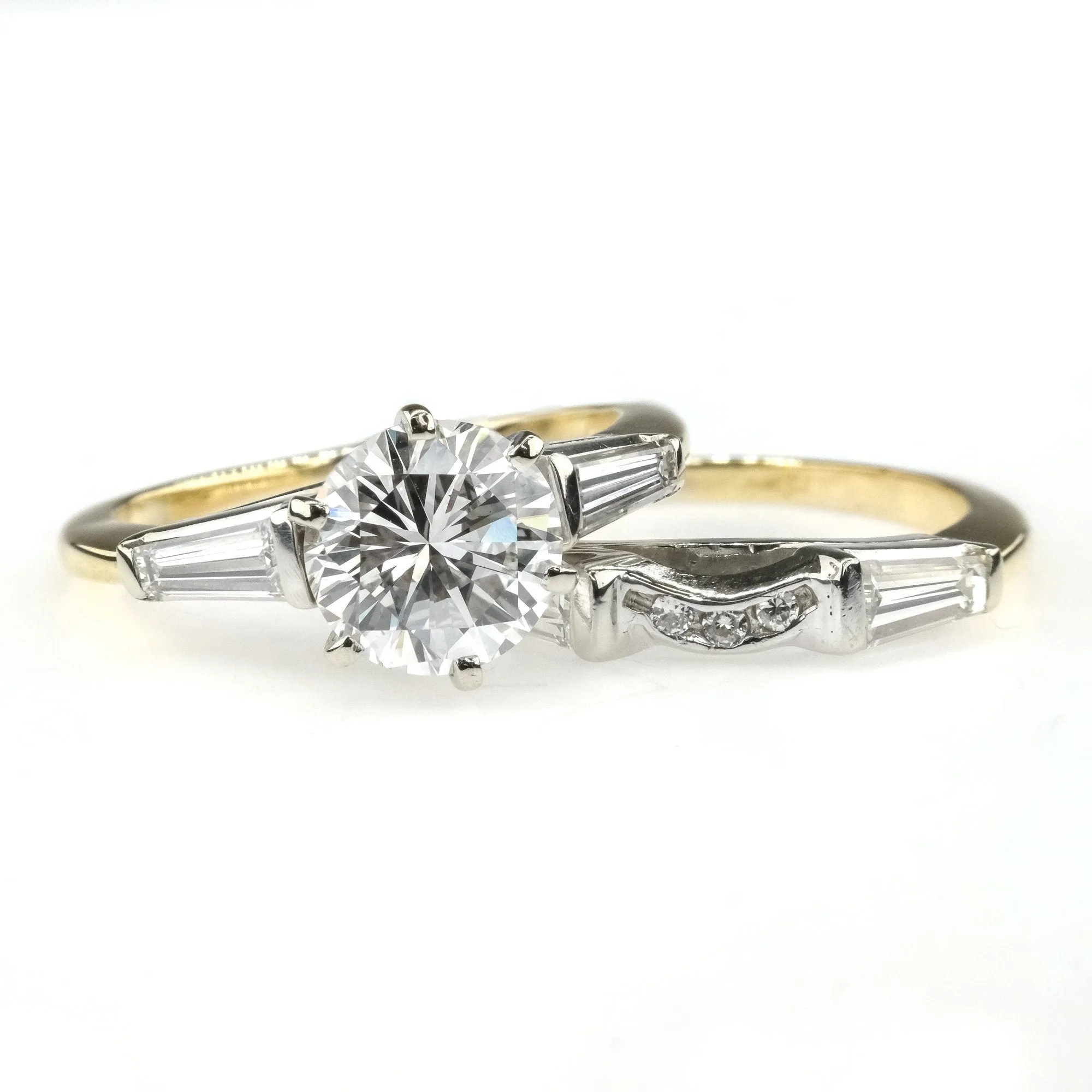 14K Two Tone Gold GIA 1.52ct Round VS2/D & Baguette Accents Bridal Set Size 5.5