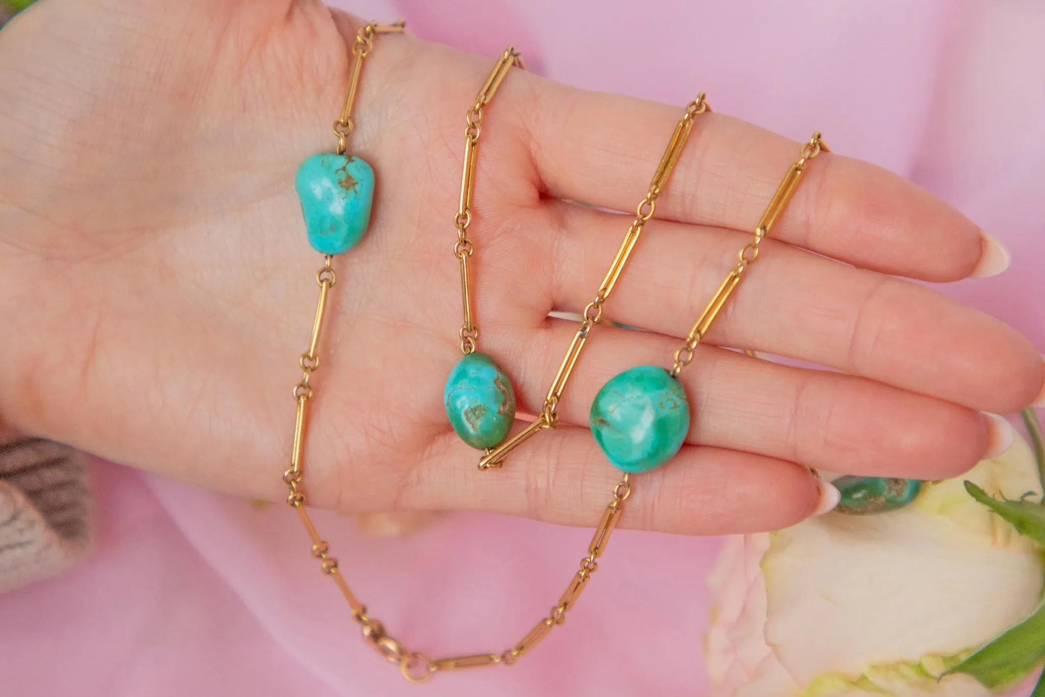 29.5" Victorian 15ct Gold Turquoise Chain, 25.8g