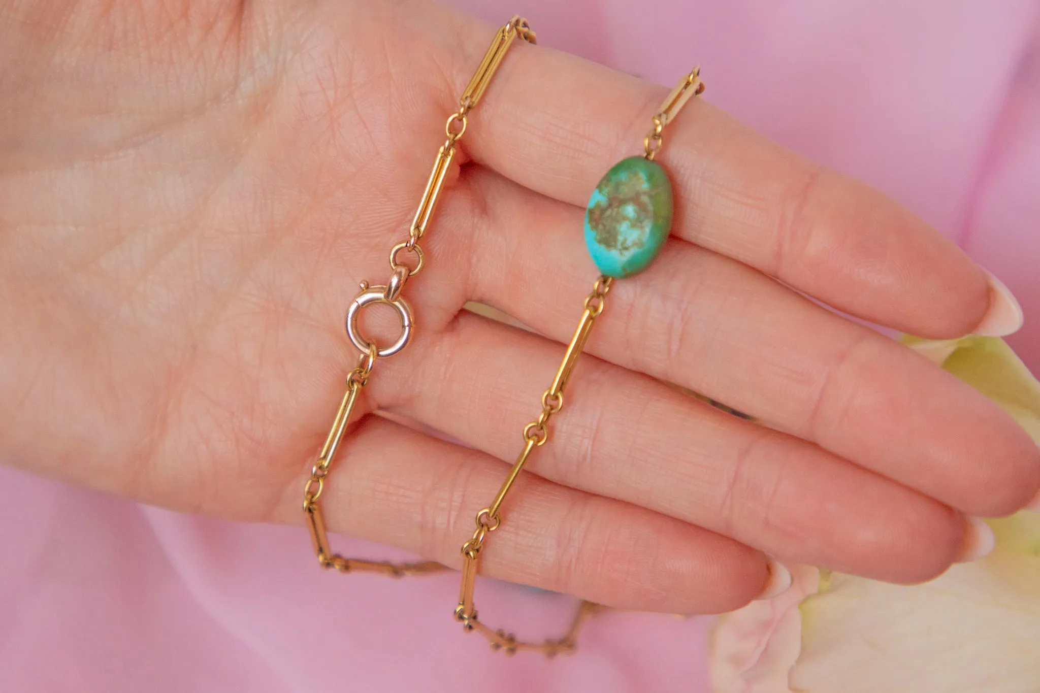 29.5" Victorian 15ct Gold Turquoise Chain, 25.8g
