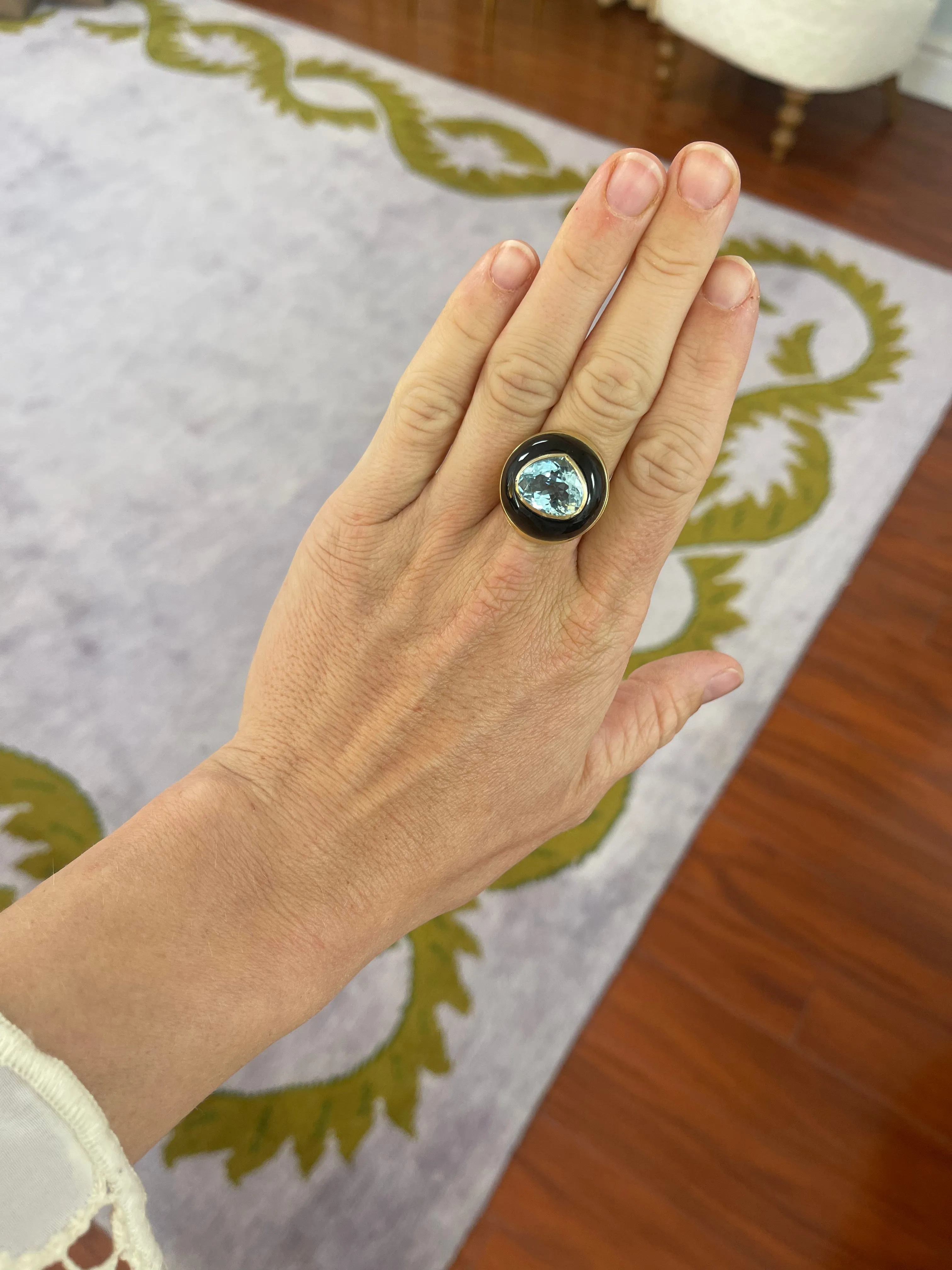 6.92ct Aquamarine in Hand Carved Black Jade Lollipop Ring