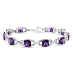 .925 Sterling Silver 7mm Cushion Cut Amethyst Gemstone and Diamond Tennis Link Bracelet