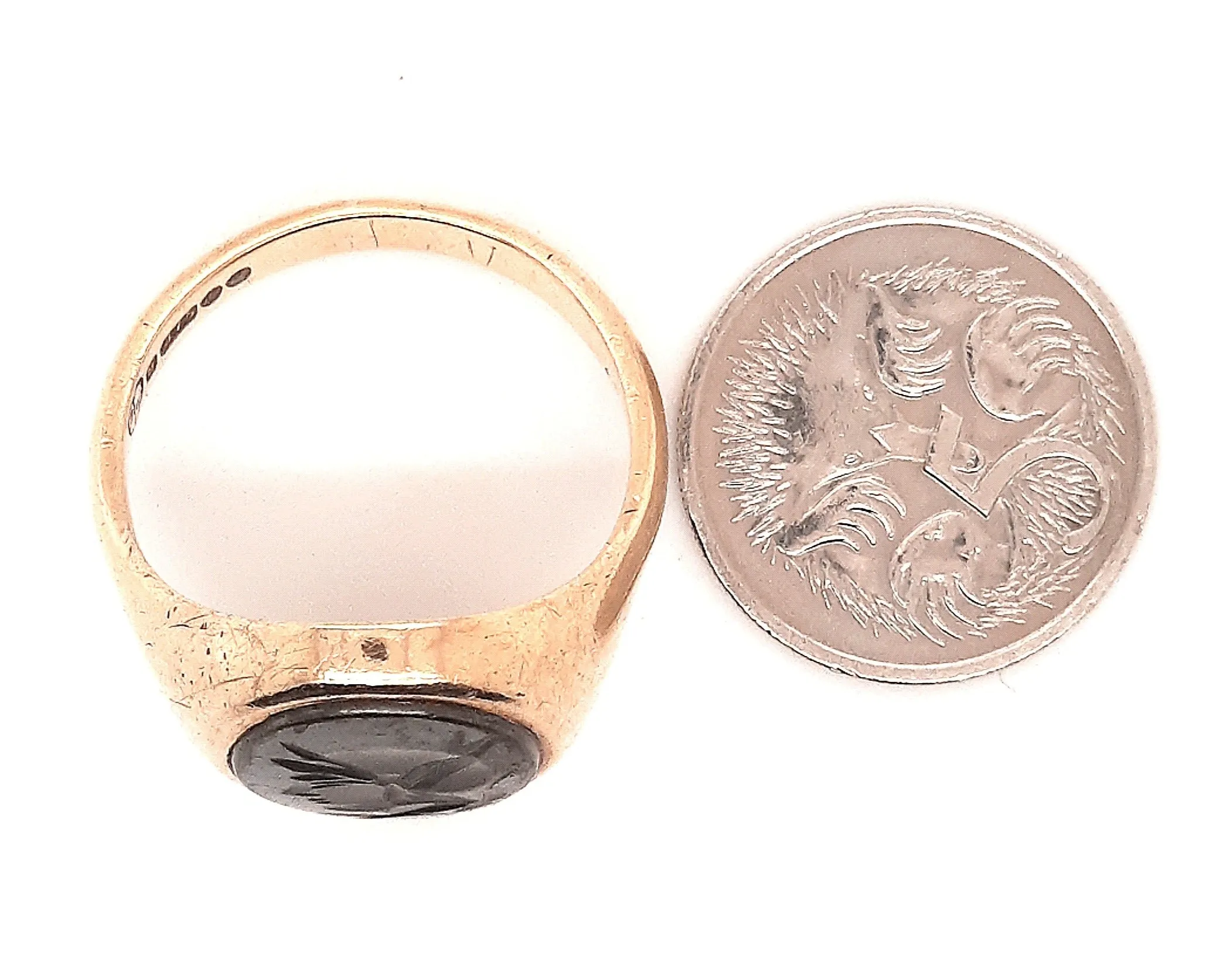 9ct Yellow Gold & Hematite Centurion Head Signet Ring c1967