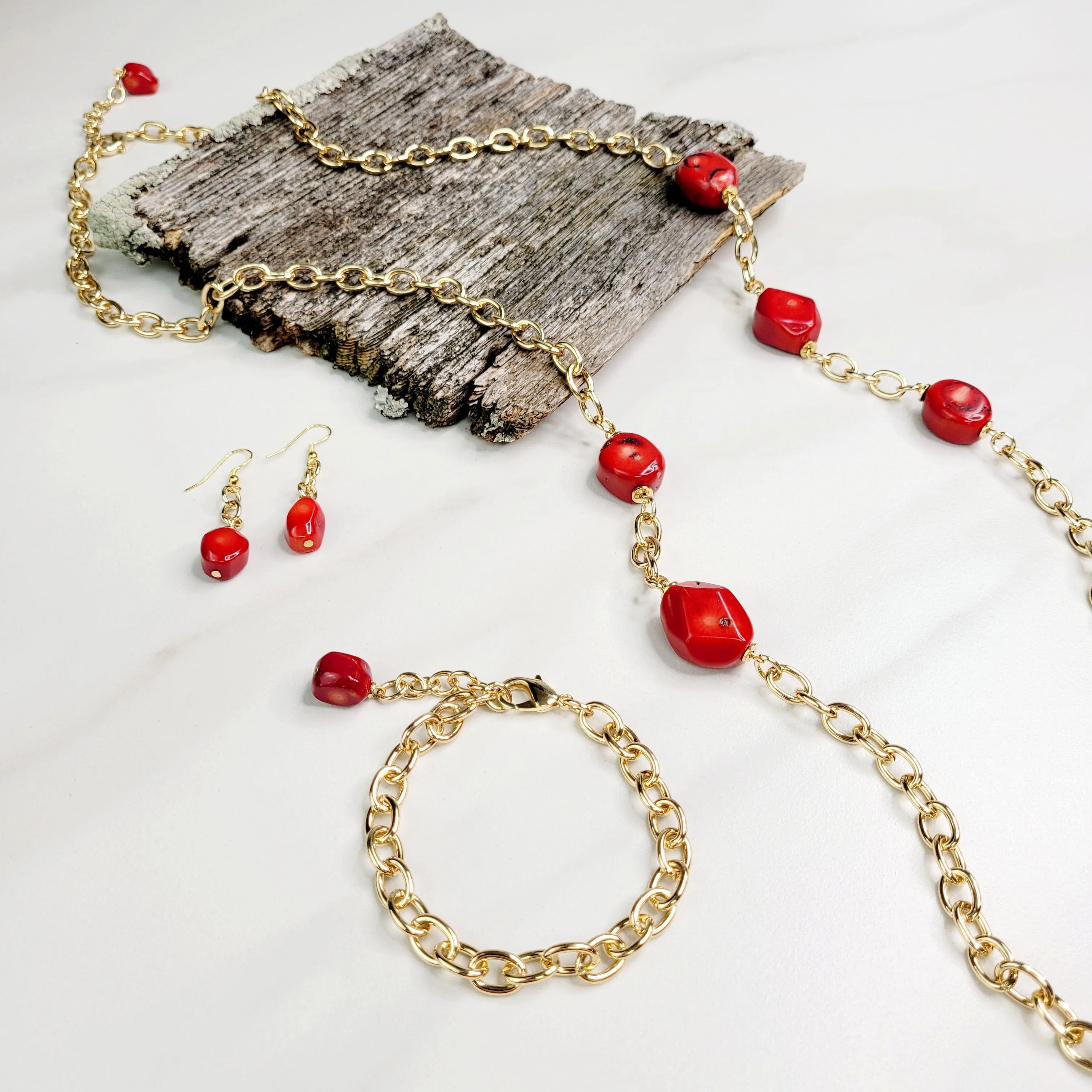 Adriana Red Sea Bamboo Coral Bracelet with Gold Plated Chain