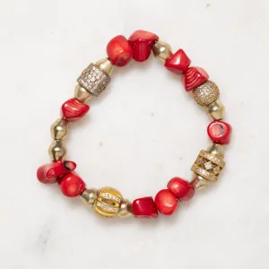 African Brass, Coral, and CZ Diamonds Bloom Bracelet