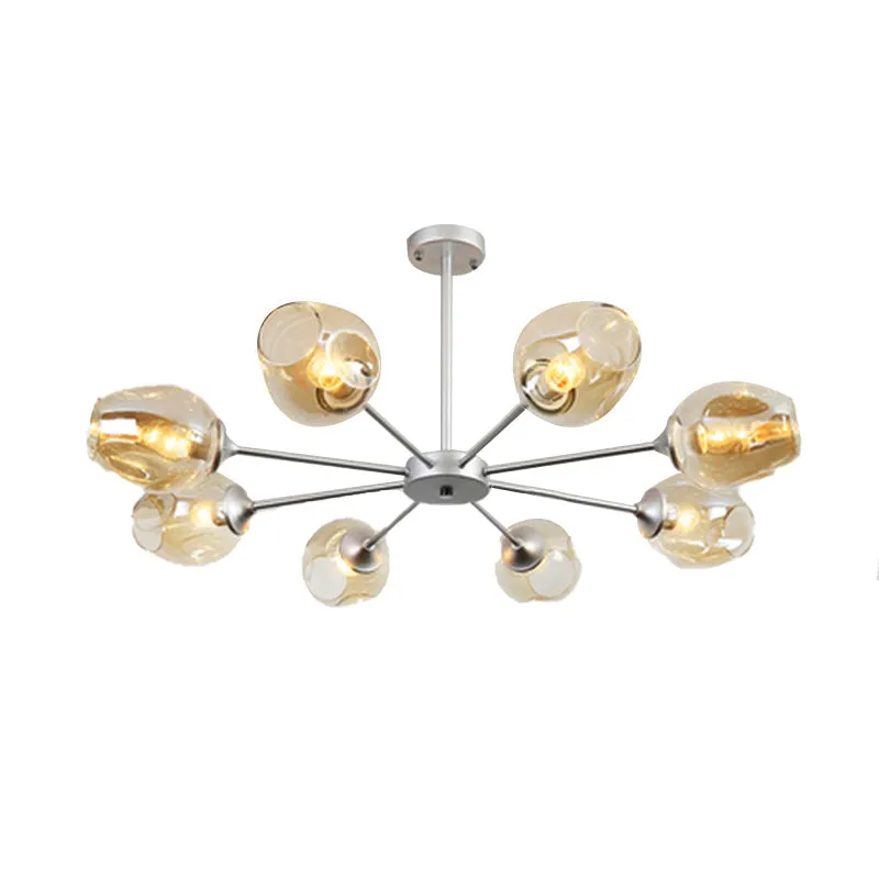 Contemporary 3/6/8 Light Hanging Chandelier - Black/Chrome Sputnik Suspension Pendant with Blue/Amber Glass Shade