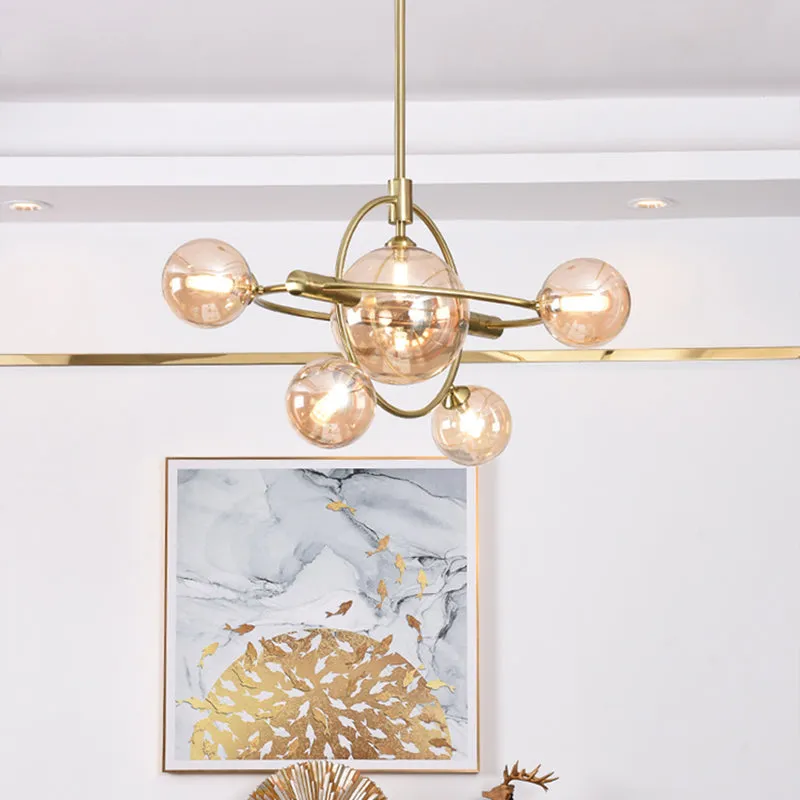 Contemporary Gold Pendant Light with Amber/Clear/Smoke Glass Sphere Shade - Perfect for Living Room