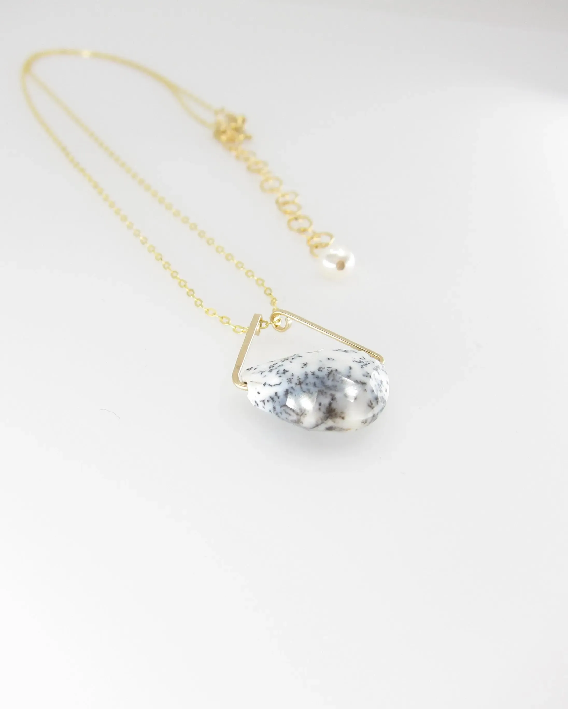 Faceted Dendrite Opal Half Moon Cut Gemstone Necklace