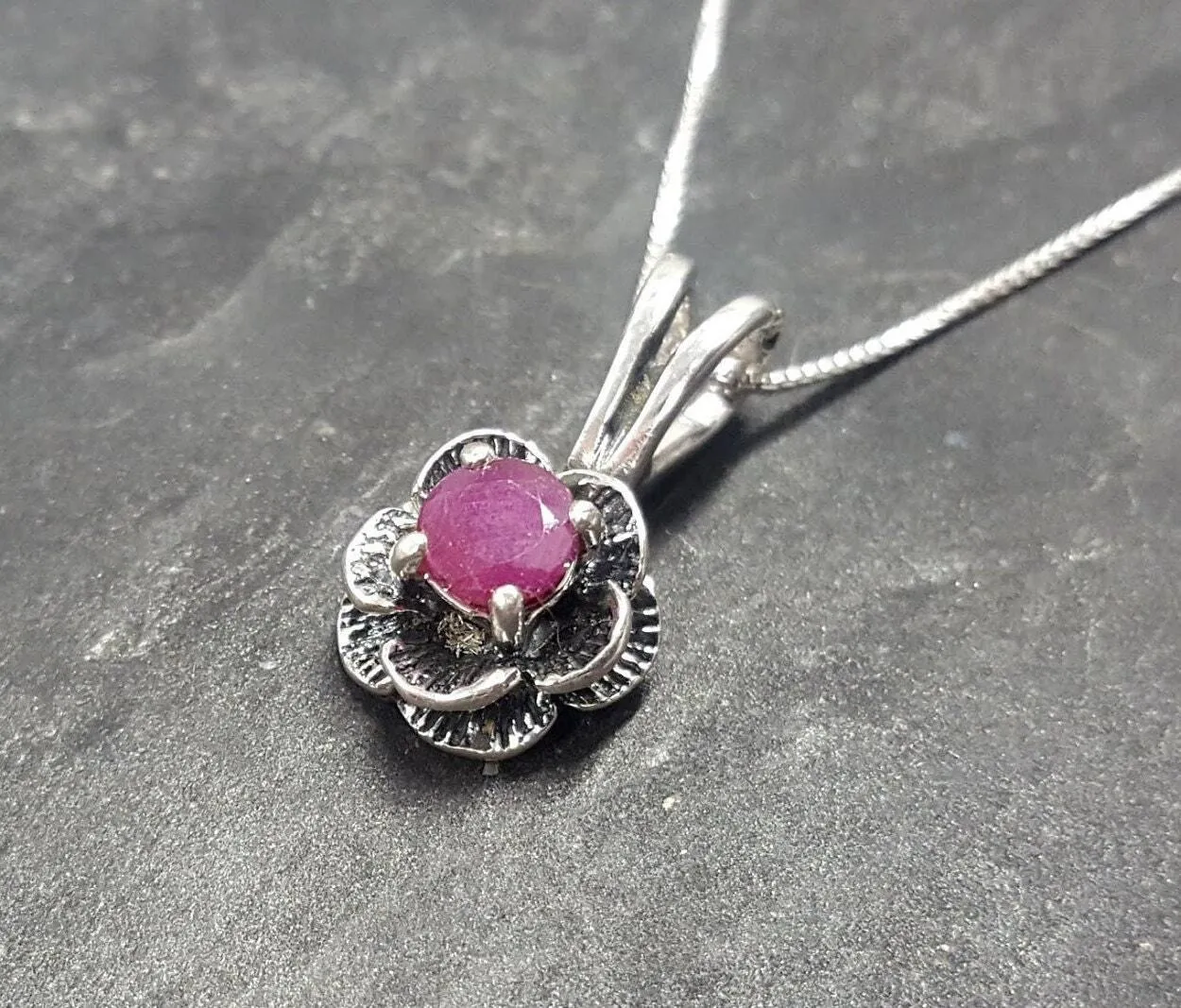 Genuine Ruby Pendant - Red Flower Pendant - July Birthstone Necklace