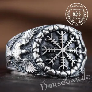 Handcrafted Ravens and Helm of Awe Ring - Sterling Silver