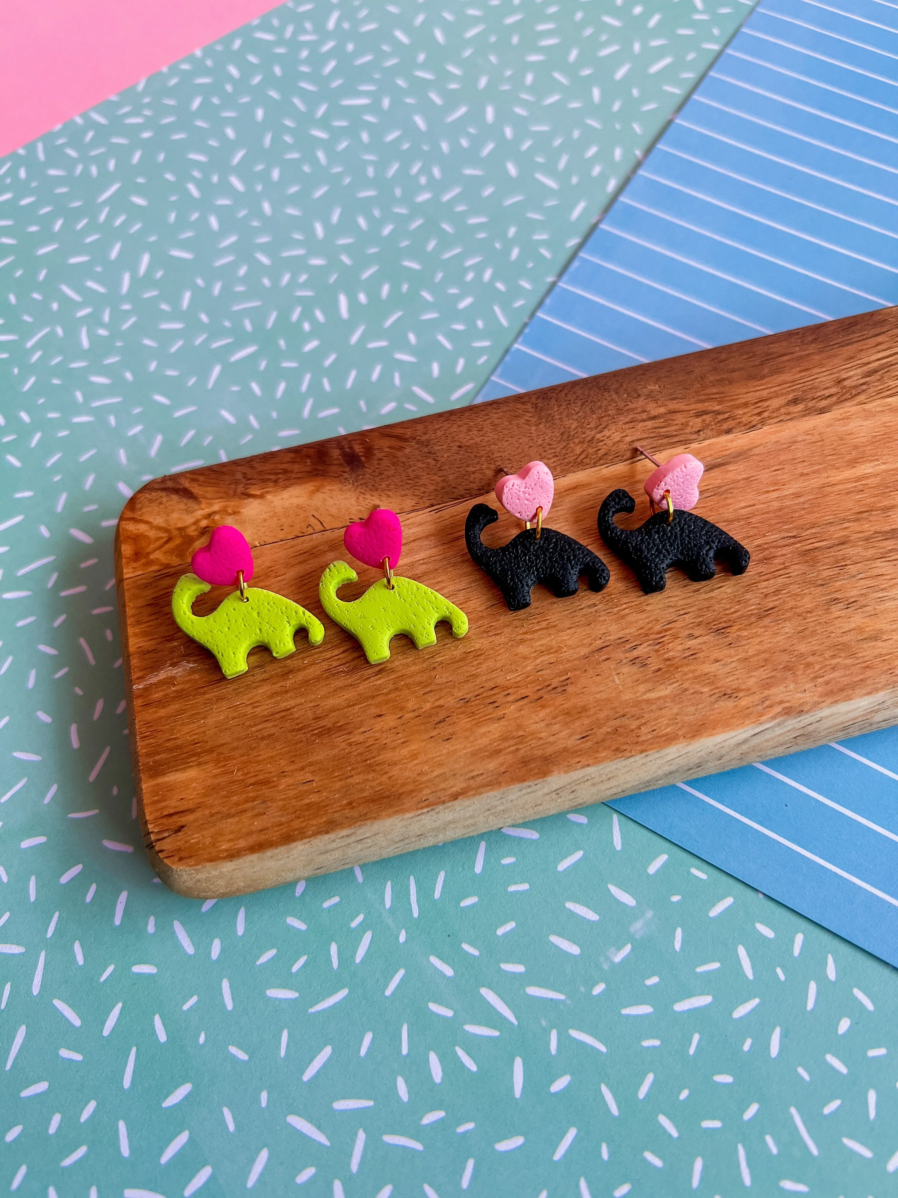 Heart Dino Dangles | Clay Earrings