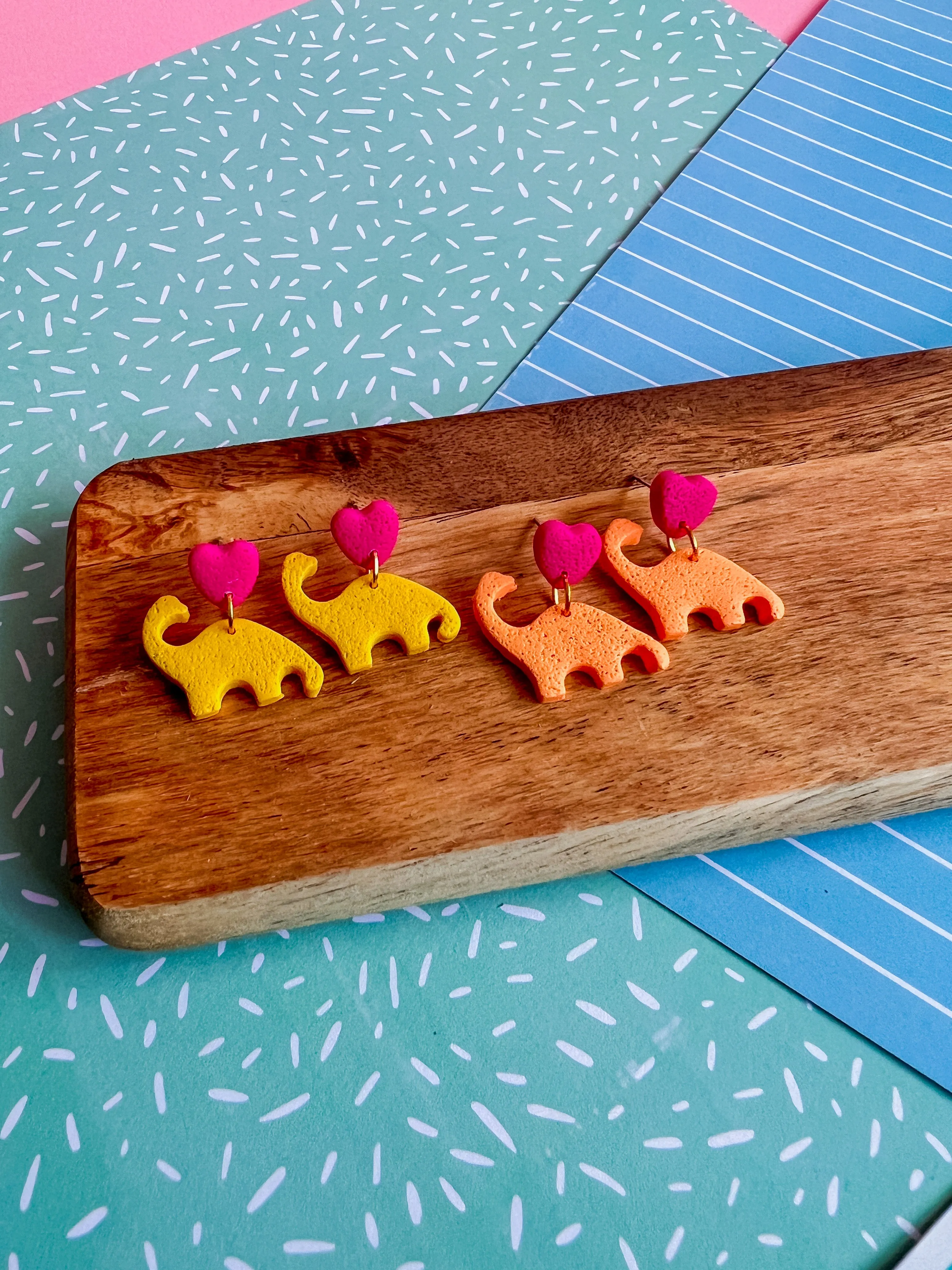 Heart Dino Dangles | Clay Earrings
