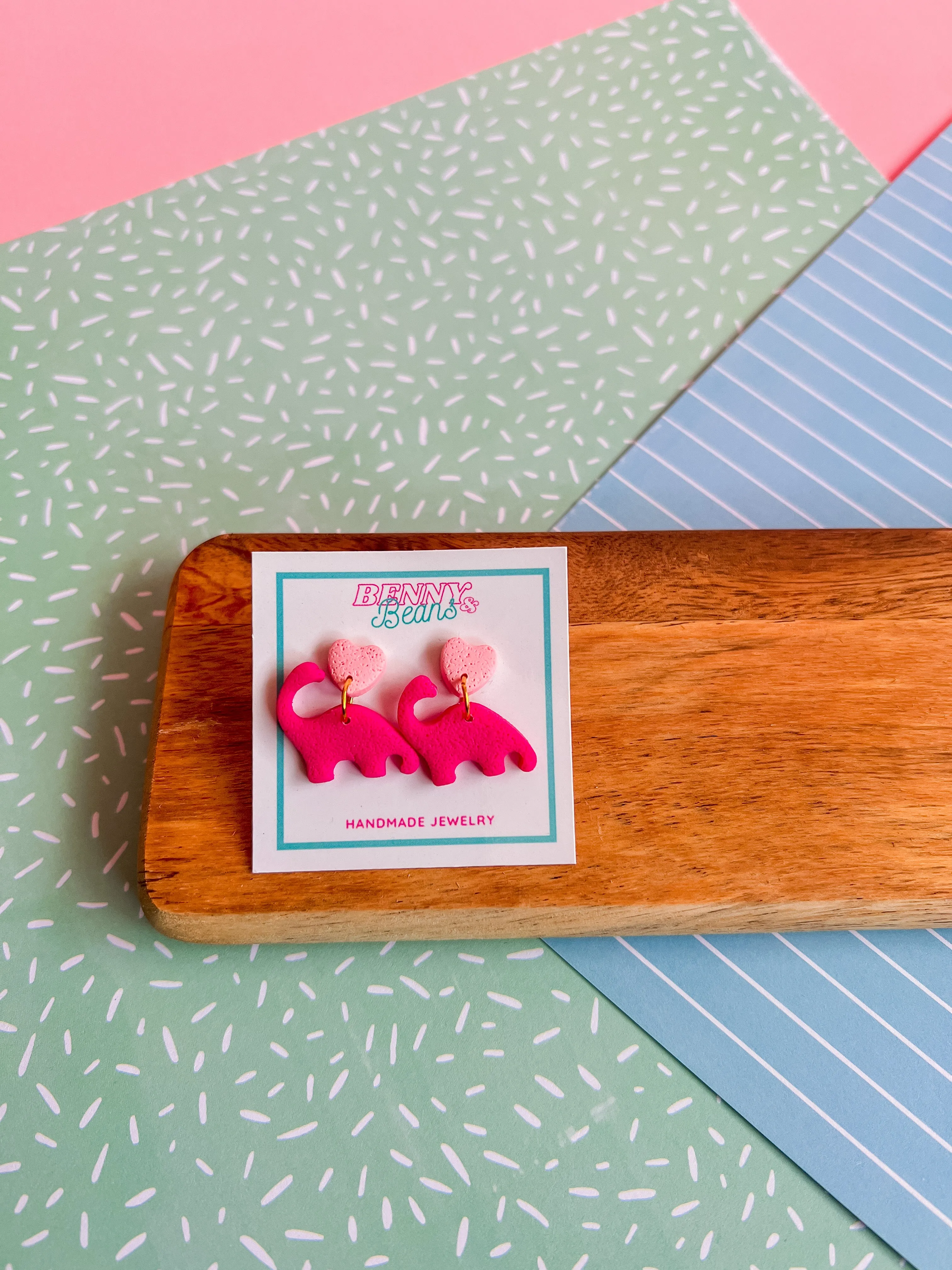 Heart Dino Dangles | Clay Earrings