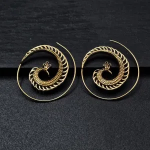 Lightweight Graceful Peacock Spiral Brass Handmade Earrings