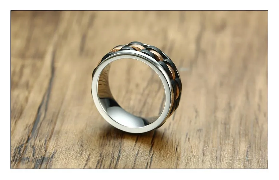 Matte Finished Three Tone Brick &amp Gear Rose Gold Spinner Ring