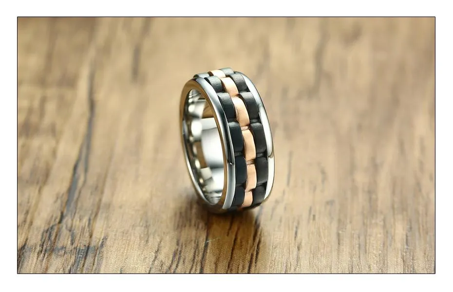 Matte Finished Three Tone Brick &amp Gear Rose Gold Spinner Ring