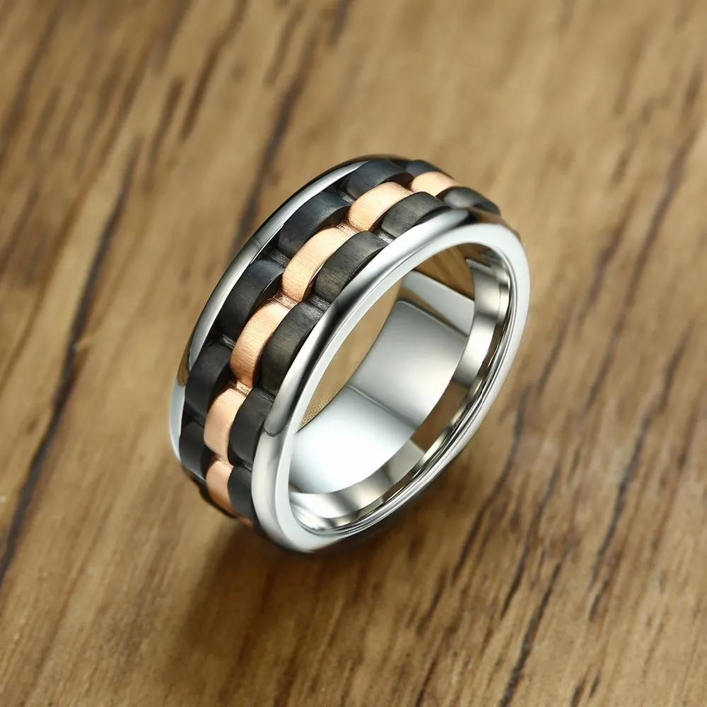 Matte Finished Three Tone Brick &amp Gear Rose Gold Spinner Ring