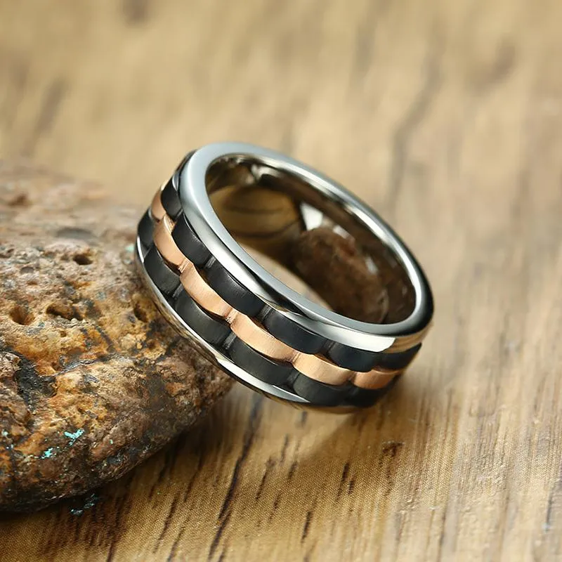 Matte Finished Three Tone Brick &amp Gear Rose Gold Spinner Ring