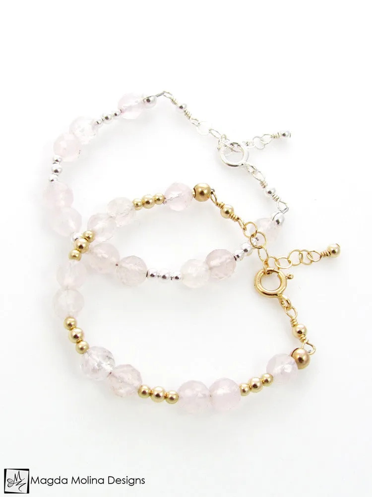 Mini Goddess (children) Rose Quartz Bracelet With Silver or Gold Accent