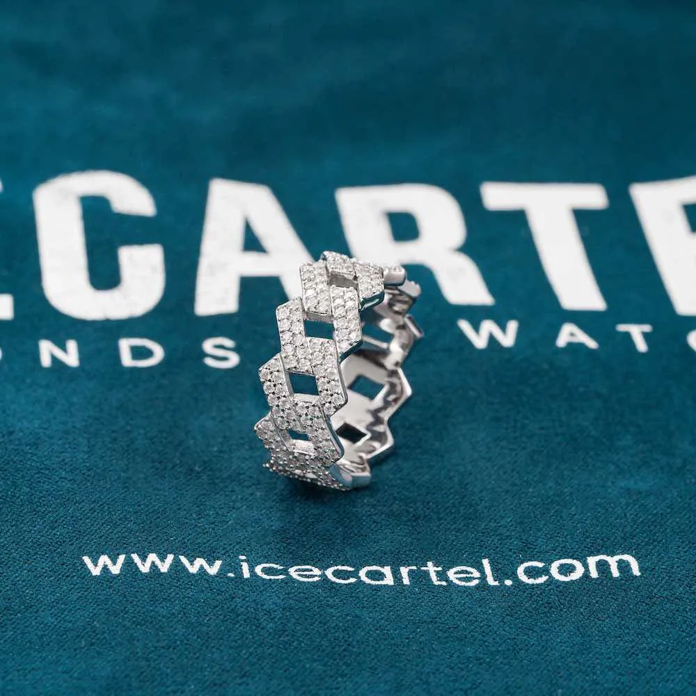 Moissanite 2-Row Cuban Link Ring 14K Gold