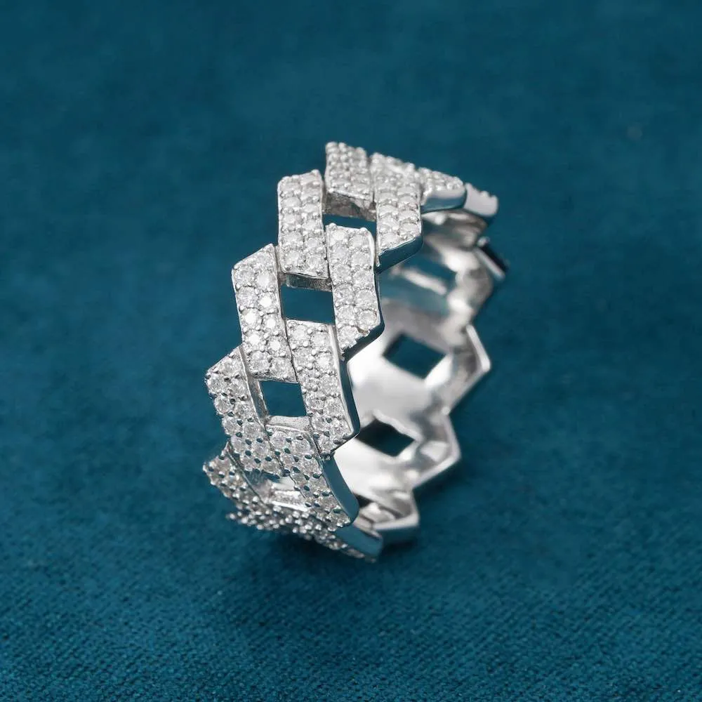 Moissanite 2-Row Cuban Link Ring 14K Gold