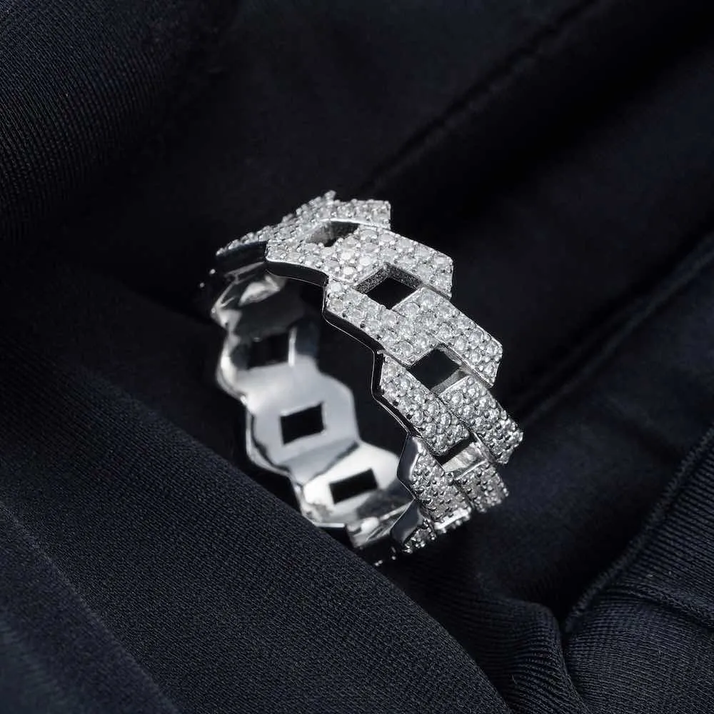 Moissanite 2-Row Cuban Link Ring 14K Gold