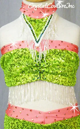 Neon Green Top & Brief with Coral Accents and Beaded Fringe - Rhinestones