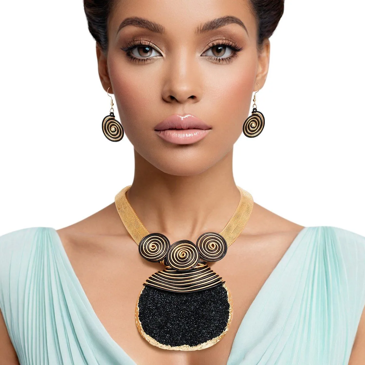 Pendant Black Druzy Stone Wire Tribal Necklace