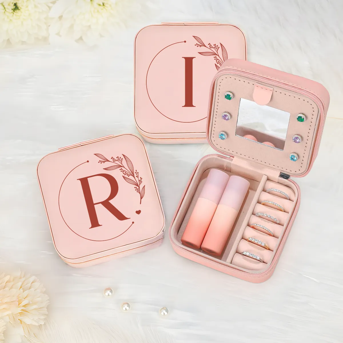 Personalized Jewelry Box, Pink Small Travel Jewelry Box with Initial R, Monogrammed Jewelry Case Organizer for Girls Women Teen, Mini Travel Essentials Gifts for Christmas Birthday
