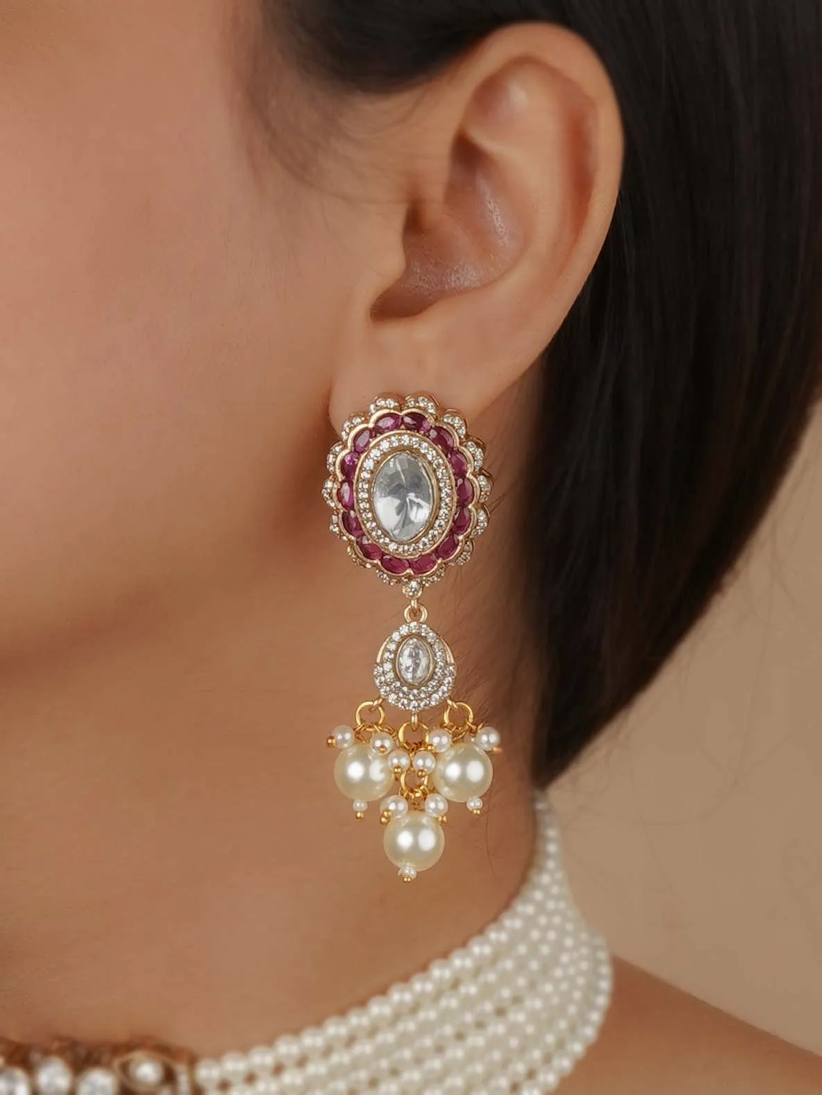 Pink Color Gold Plated Faux Polki Necklace Set - PK-S191WP