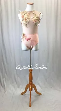 Pink Mesh Leotard with Gold Appliques - Swarovski Rhinestones