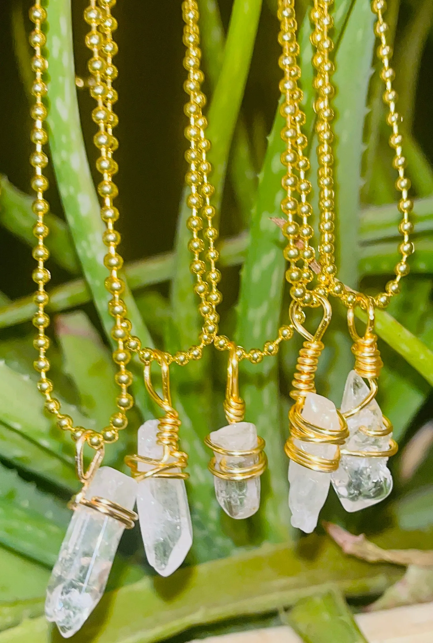 Quartz Points Charm Gold Beaded Necklace