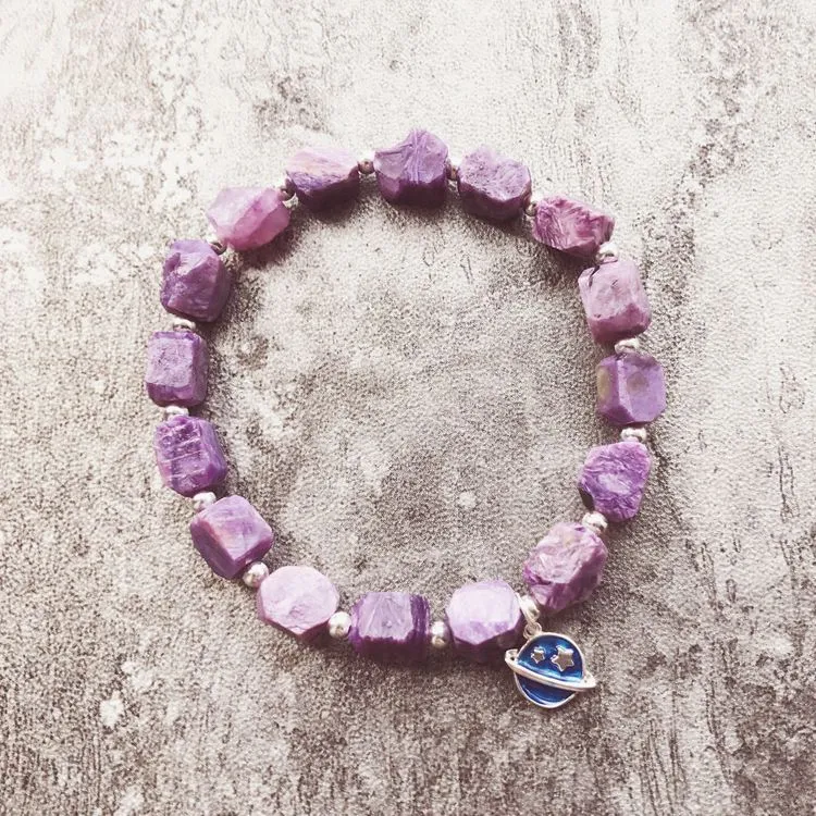 Raw Charoite Beaded Bracelet with Sterling Silver Handmade Jewelry Accessories Women