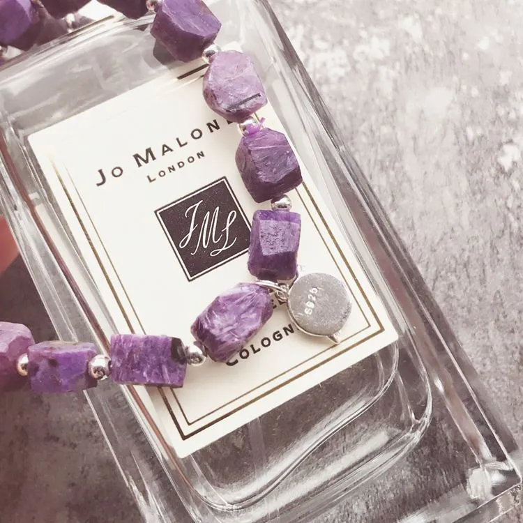 Raw Charoite Beaded Bracelet with Sterling Silver Handmade Jewelry Accessories Women