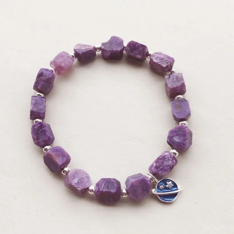 Raw Charoite Beaded Bracelet with Sterling Silver Handmade Jewelry Accessories Women