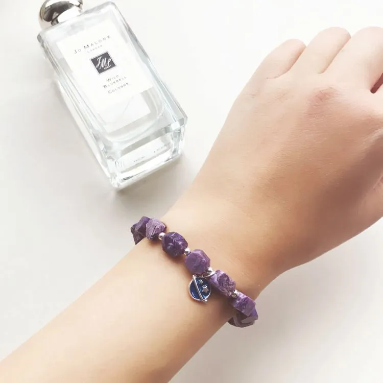 Raw Charoite Beaded Bracelet with Sterling Silver Handmade Jewelry Accessories Women