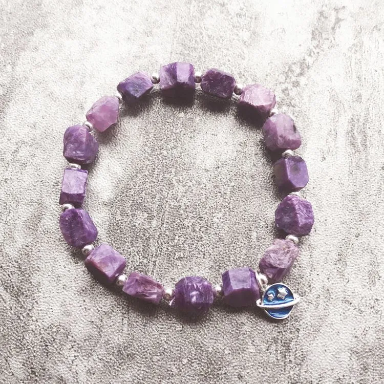 Raw Charoite Beaded Bracelet with Sterling Silver Handmade Jewelry Accessories Women