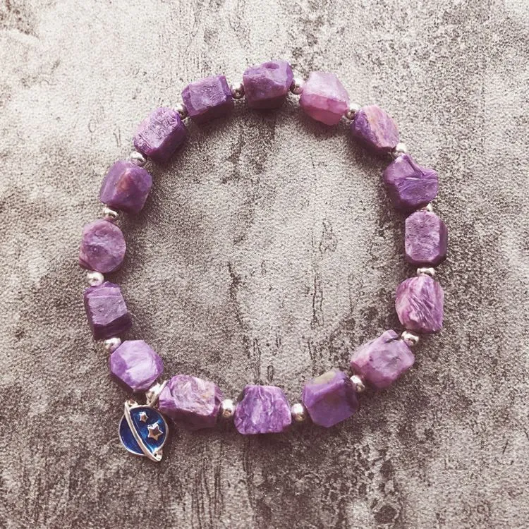 Raw Charoite Beaded Bracelet with Sterling Silver Handmade Jewelry Accessories Women