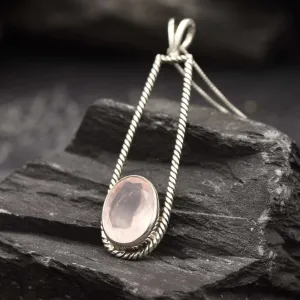 Rose Quartz Pendant - Long Vintage Necklace - Pink Bezel Necklace