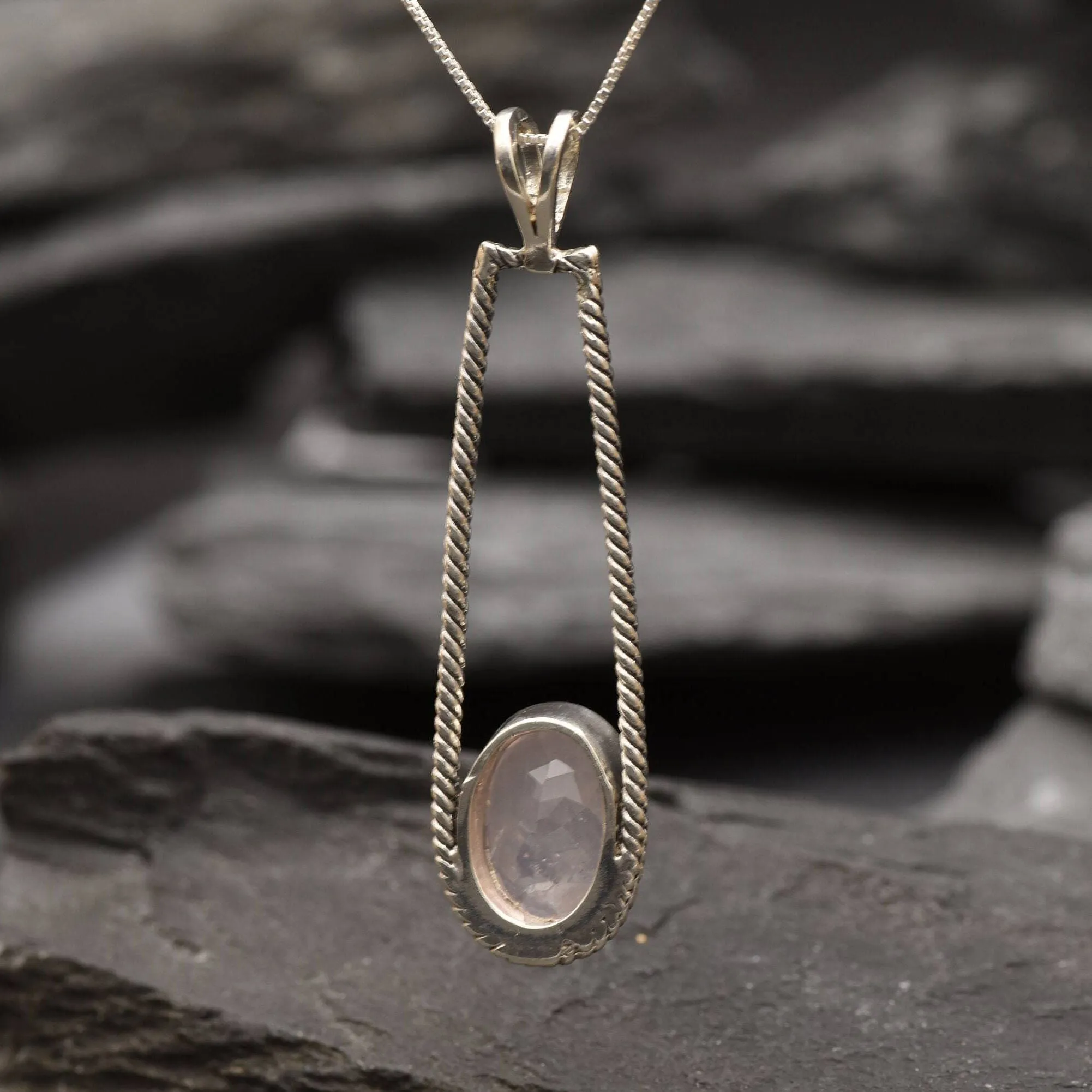 Rose Quartz Pendant - Long Vintage Necklace - Pink Bezel Necklace