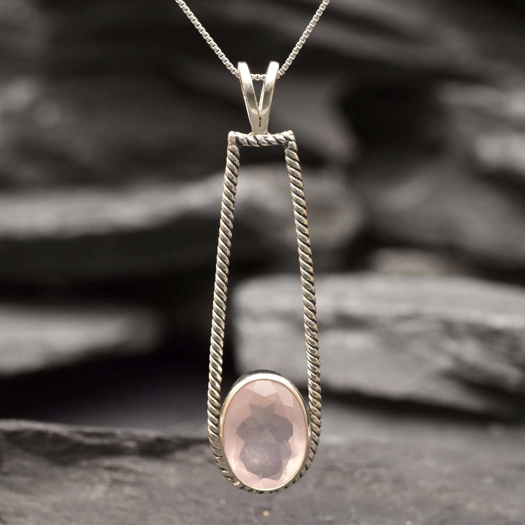 Rose Quartz Pendant - Long Vintage Necklace - Pink Bezel Necklace