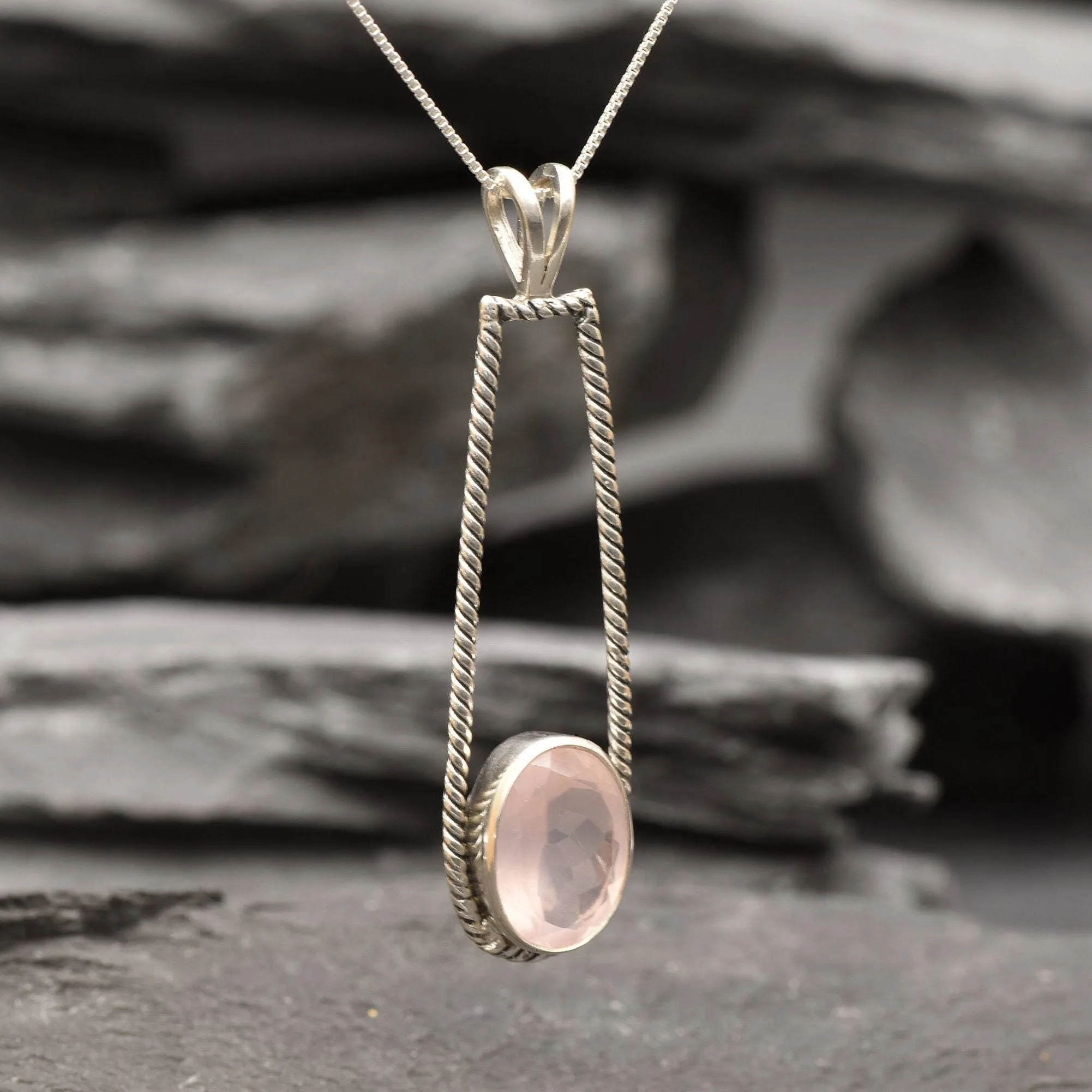 Rose Quartz Pendant - Long Vintage Necklace - Pink Bezel Necklace