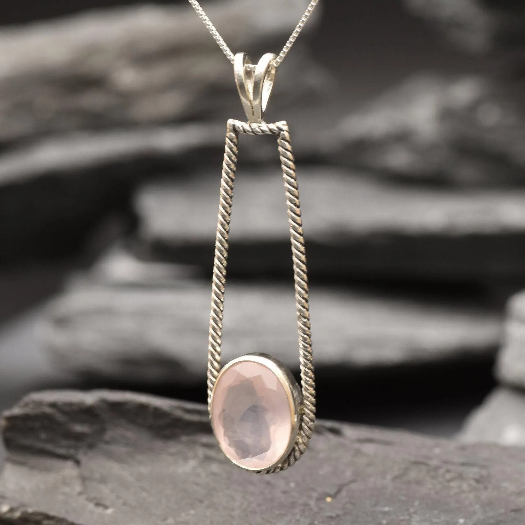 Rose Quartz Pendant - Long Vintage Necklace - Pink Bezel Necklace