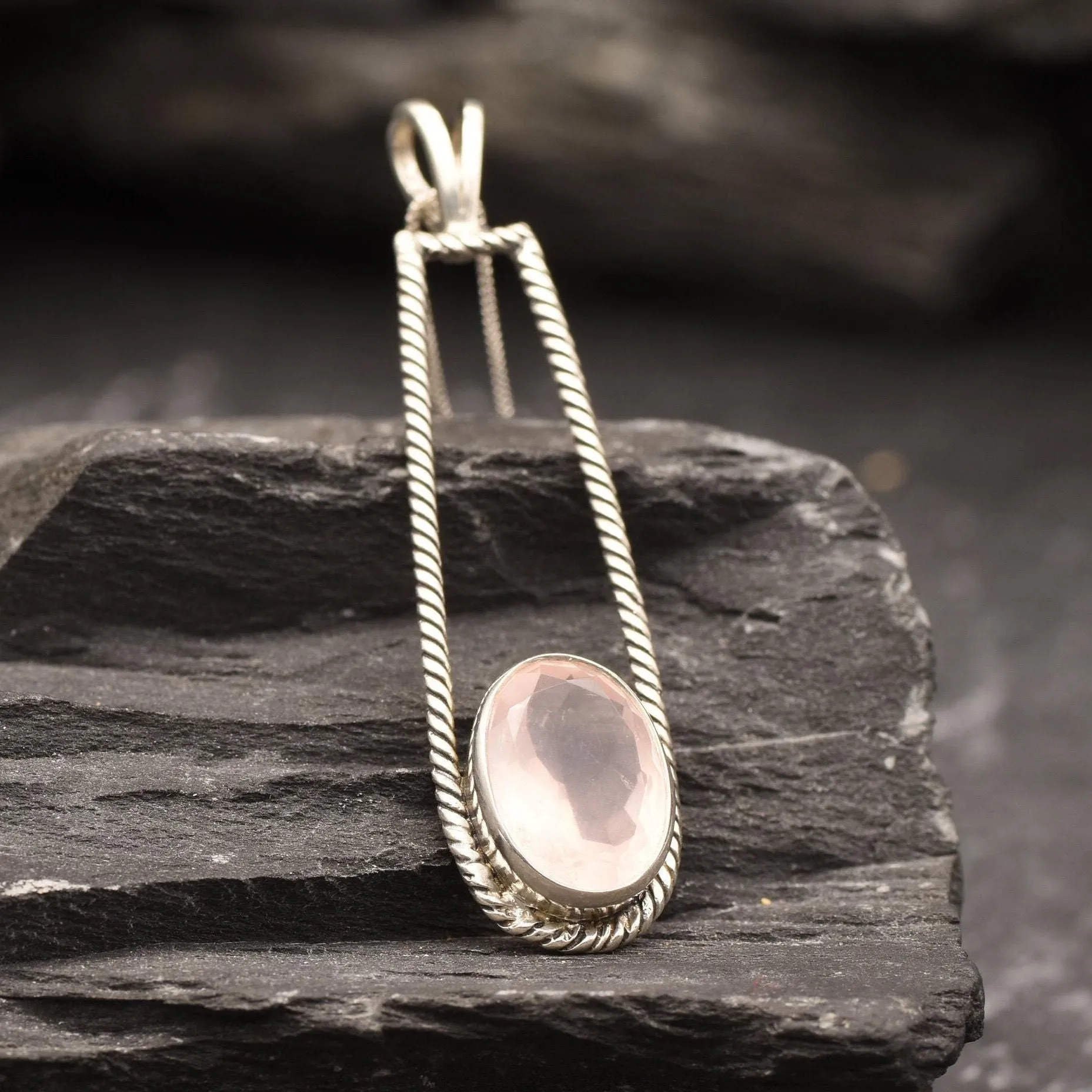 Rose Quartz Pendant - Long Vintage Necklace - Pink Bezel Necklace