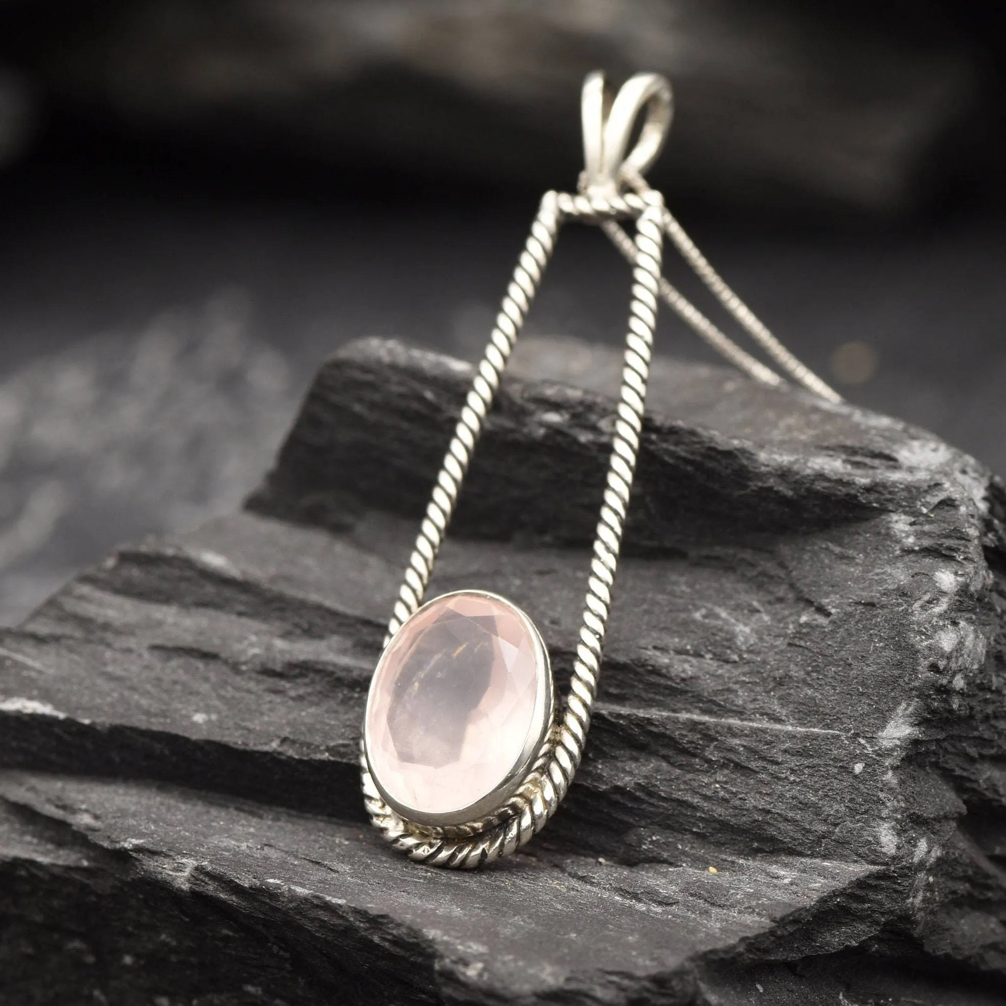 Rose Quartz Pendant - Long Vintage Necklace - Pink Bezel Necklace