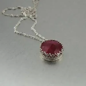 Round Natural red Ruby gemstones Pendant, Sterling Silver Filigree and Red Ruby Pendant
