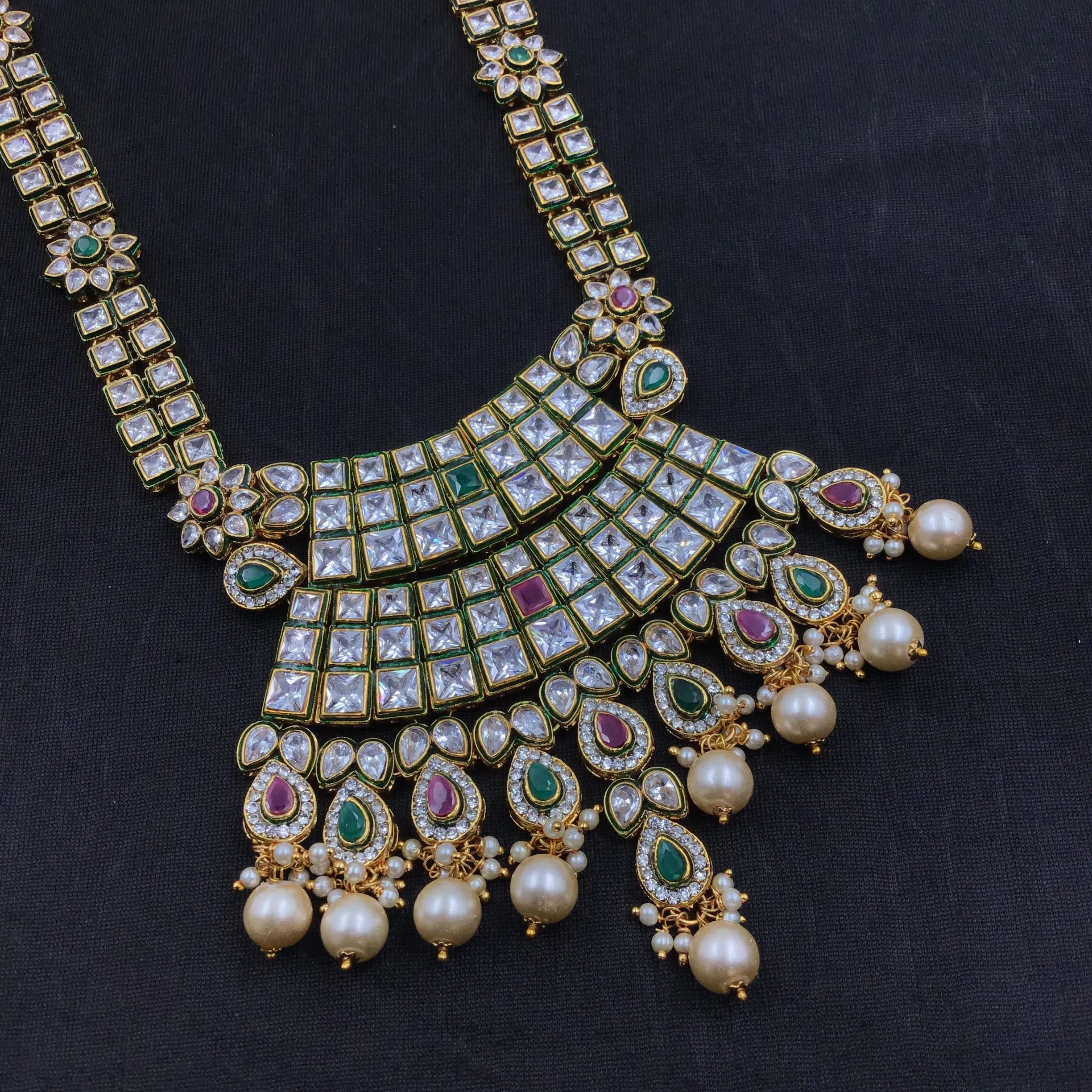Ruby Green Polki Necklace Set 10367-5937