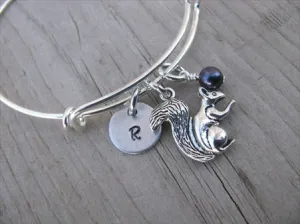 Squirrel Charm Bracelet -Adjustable Bangle Bracelet with an Initial Charm and an Accent Bead of your choice